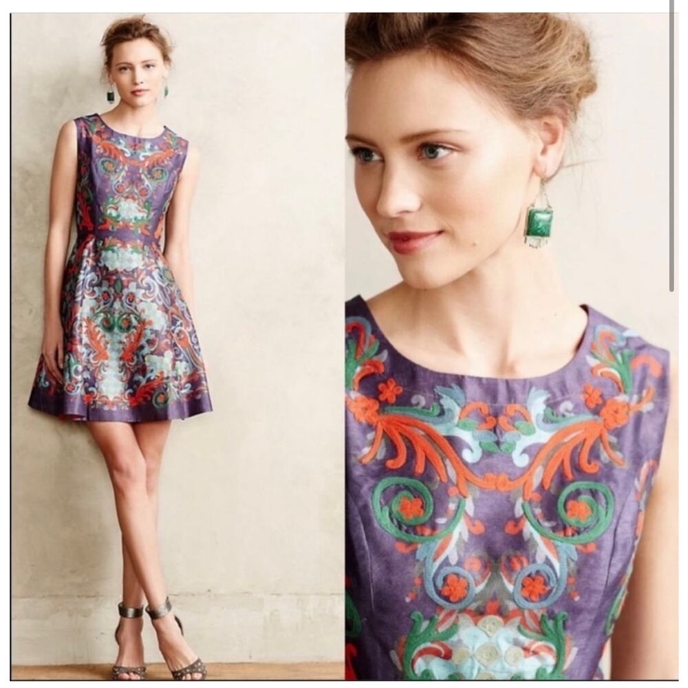 Anthropologie Pankaj & Nidhi Octave Floral Embroidered Applique Mini Dress 0 - Picture 2 of 15